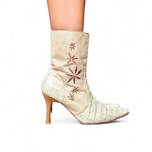70s JOE BOOTS Romantic Bohemian Leather Croc Floral Embroidered Western Boots 8